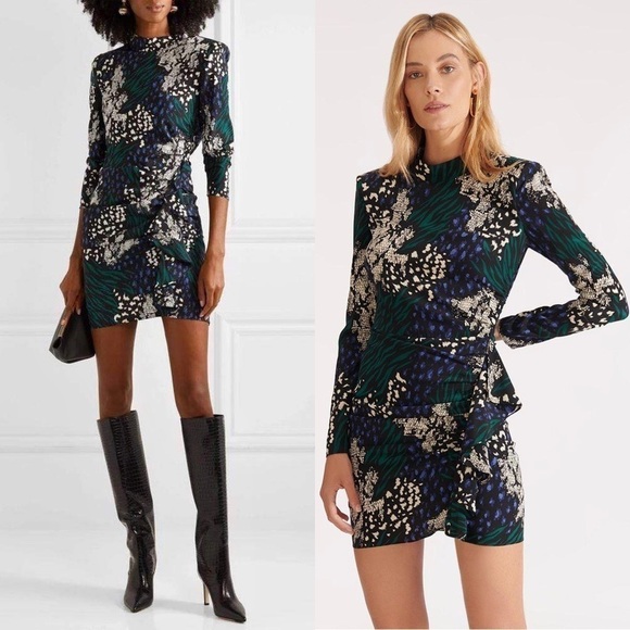 VERONICA BEARD Silk Graphic Print High Neck Long Sleeve Draped Ruffle Dress 2 - Picture 2 of 16